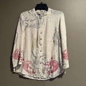 Change of A Dress 100% Silk Button Down Embroidered Top Size Small